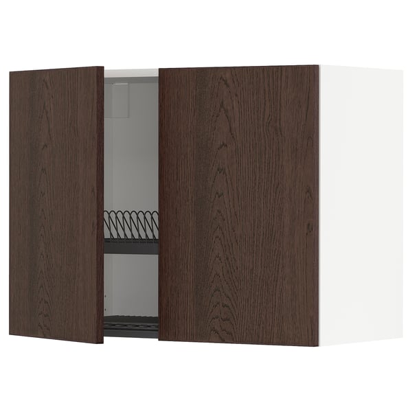 METOD wall cabinet w dish drainer/2 doors, white/Sinarp brown, 80x60 cm