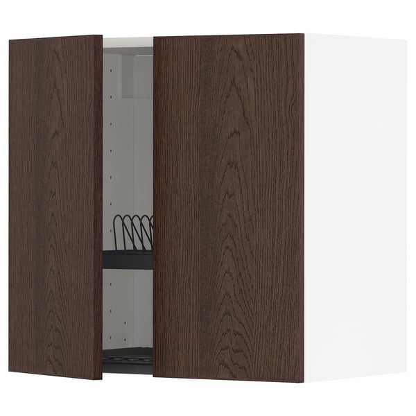 METOD wall cabinet w dish drainer/2 doors, white/Sinarp brown, 60x60 cm