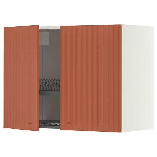 METOD wall cabinet w dish drainer/2 doors, white/Terrsjö red-brown wave pattern, 80x60 cm