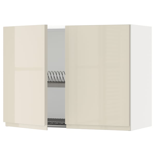 METOD wall cabinet w dish drainer/2 doors, white/Voxtorp high-gloss light beige, 80x60 cm