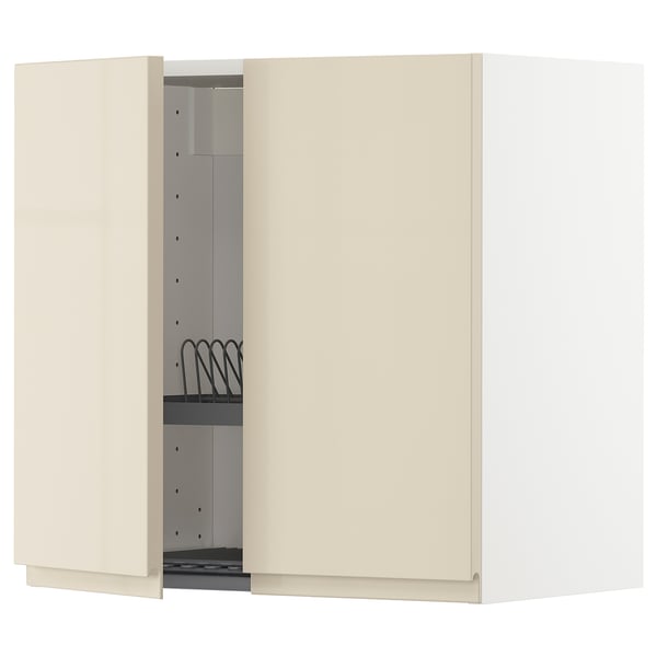 METOD wall cabinet w dish drainer/2 doors, white/Voxtorp high-gloss light beige