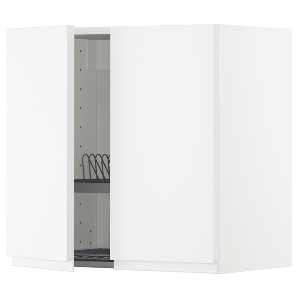 METOD wall cabinet w dish drainer/2 doors, white/Voxtorp matt white, 60x60 cm
