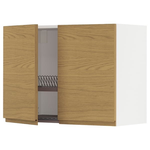 METOD wall cabinet w dish drainer/2 doors, white/Voxtorp oak effect, 80x60 cm