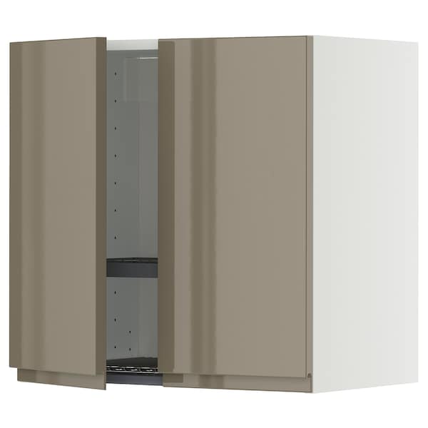 METOD wall cabinet w dish drainer/2 doors, white/Voxtorp high-gloss dark grey-brown, 60x60 cm