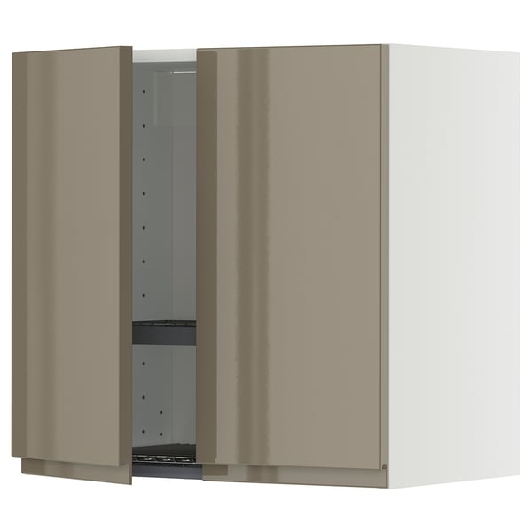 METOD wall cabinet w dish drainer/2 doors, white/Voxtorp high-gloss dark grey-brown, 60x60 cm