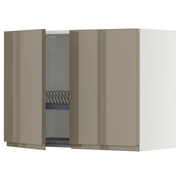 METOD - Wall unit with dish drainer/2 doors, white/Voxtorp gray-dark brown glossy,80x60 cm