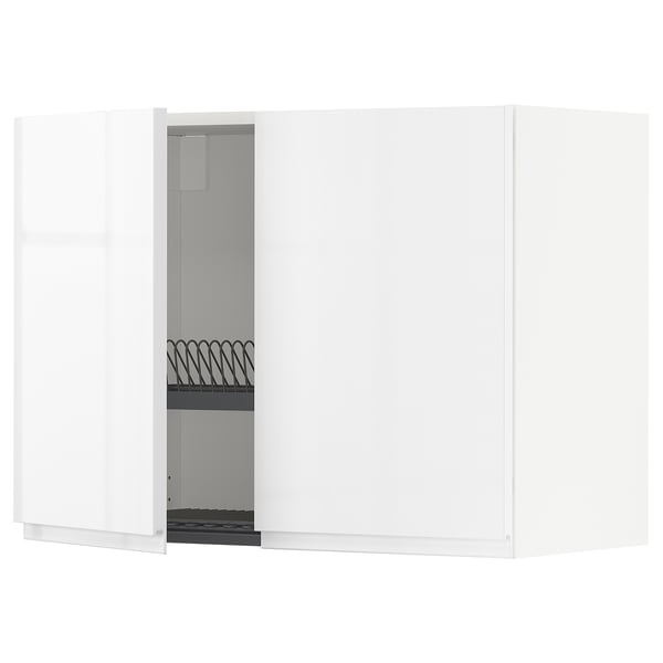 METOD wall cabinet w dish drainer/2 doors, white/Voxtorp high-gloss/white, 80x60 cm