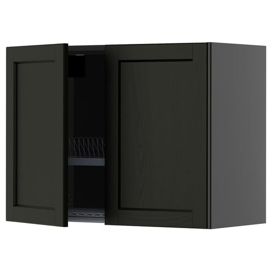 METOD Wall unit with dish rack/2 doors, black-grey/Lerhyttan stained black, 80x60 cm