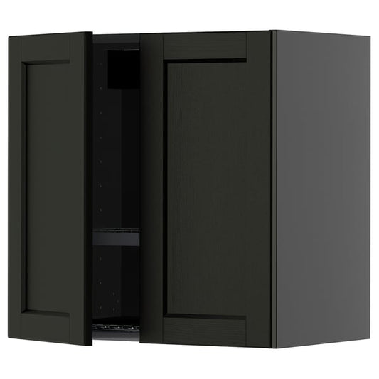 METOD Wall unit with dish rack/2 doors, black-grey/Lerhyttan stained black, 60x60 cm