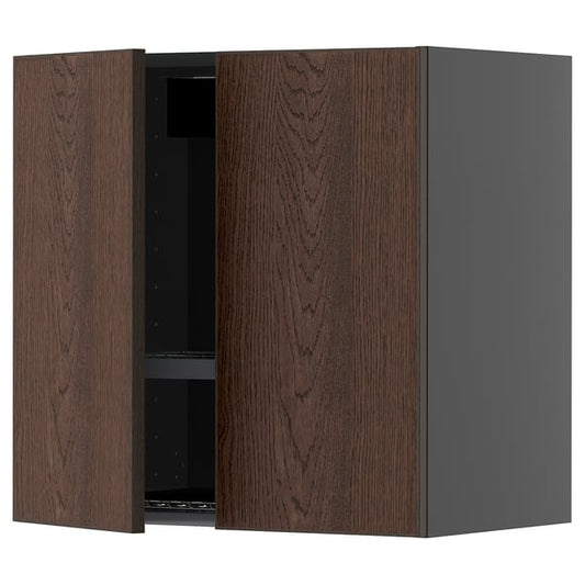 METOD Wall unit with dish rack/2 doors, black-grey/Sinarp brown, 60x60 cm