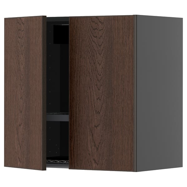 METOD wall cabinet w dish drainer/2 doors, black-grey/Sinarp brown, 60x60 cm