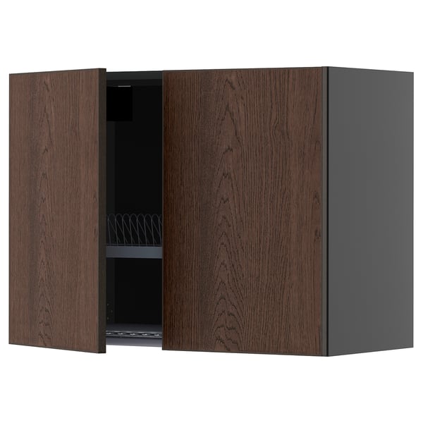METOD Wall unit with dish rack/2 doors, black-grey/Sinarp brown, 80x60 cm