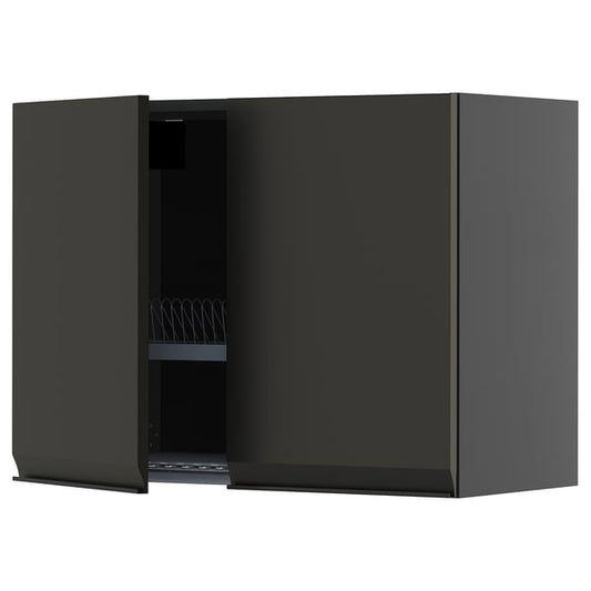 METOD Wall unit with dish rack/2 doors, black-grey/Upplöv anthracite matt, 80x60 cm