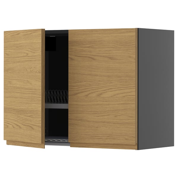 METOD Wall unit with dish rack/2 doors, black-grey/Voxtorp oak effect, 80x60 cm