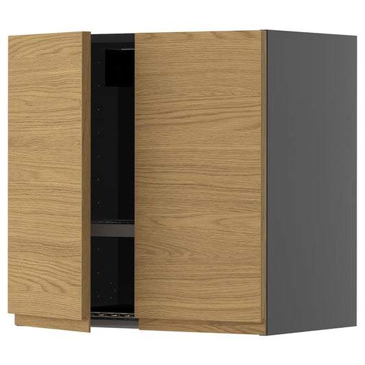 METOD wall cabinet w dish drainer/2 doors, black-grey/Voxtorp oak effect, 60x60 cm