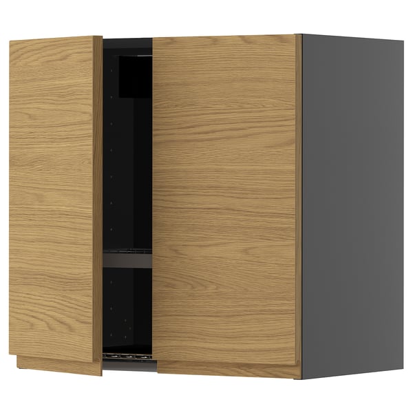 METOD Wall unit with dish rack/2 doors, black-grey/Voxtorp oak effect, 60x60 cm