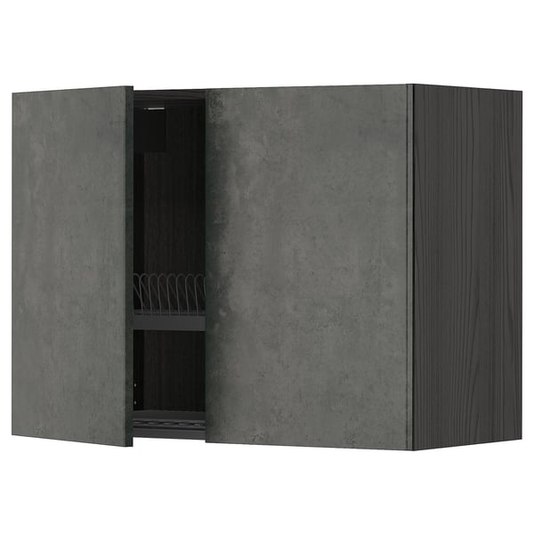 METOD wall cabinet w dish drainer/2 doors, black/Kalhyttan dark grey concrete effect, 80x60 cm