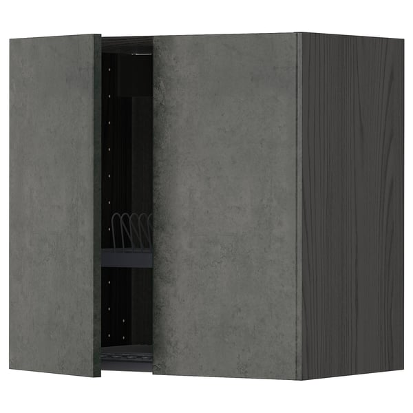 METOD wall cabinet w dish drainer/2 doors, black/Kalhyttan dark grey concrete effect, 60x60 cm