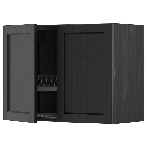 METOD wall cabinet w dish drainer/2 doors, black/Lerhyttan black stained, 80x60 cm