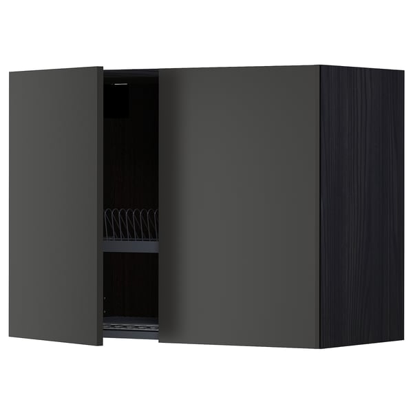 METOD wall cabinet w dish drainer/2 doors, black/Nickebo matt anthracite, 80x60 cm