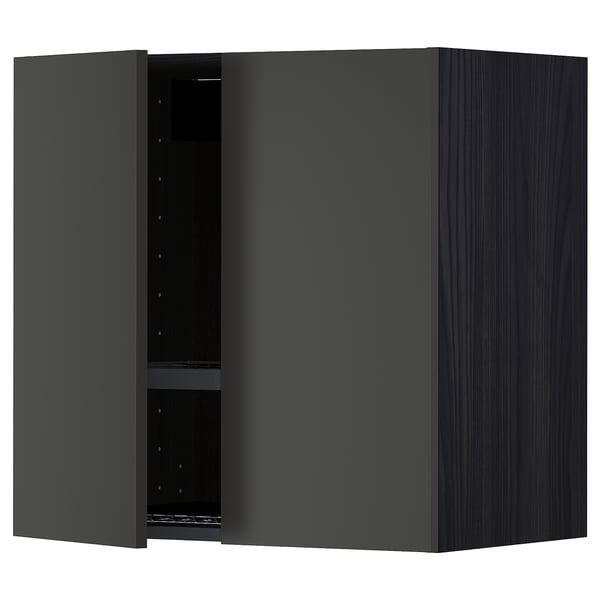 METOD wall cabinet w dish drainer/2 doors, black/Nickebo matt anthracite, 60.0x60.0x38.6 cm