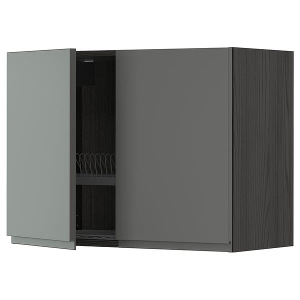 METOD wall cabinet w dish drainer/2 doors, black/Voxtorp dark grey, 80x60 cm