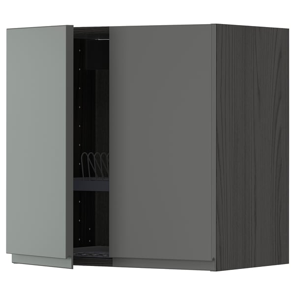 METOD wall cabinet w dish drainer/2 doors, black/Voxtorp dark grey, 60.0x60.0x38.6 cm