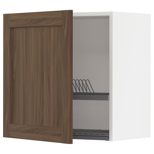 METOD wall cabinet with dish drainer, white Enköping/brown walnut effect, 60x60 cm
