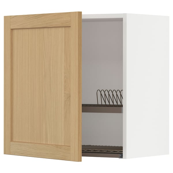 METOD wall cabinet with dish drainer, white/Forsbacka oak, 60x60 cm