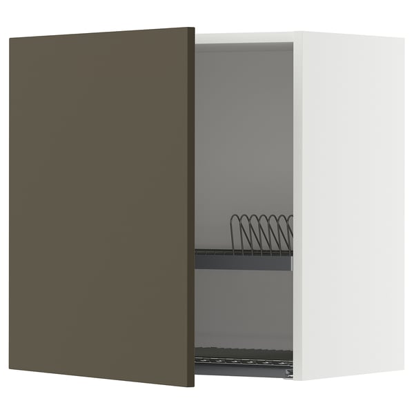 METOD wall cabinet with dish drainer, white/Havstorp brown-beige, 60x60 cm