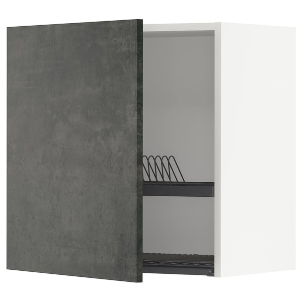 METOD wall cabinet with dish drainer, white/Kalhyttan dark grey concrete effect, 60.0x60.0x38.6 cm