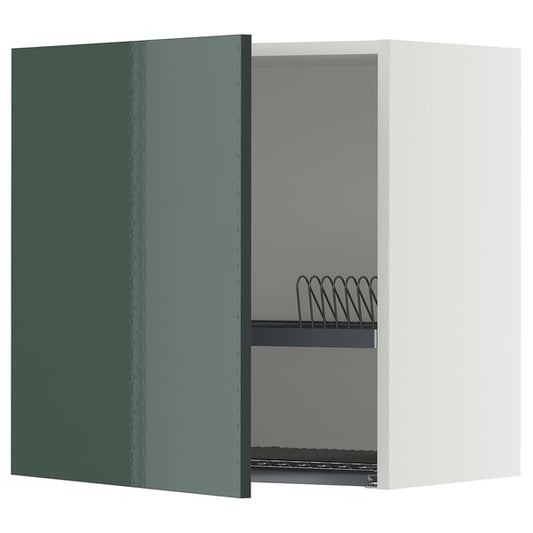 METOD - Wall unit with dish drainer, white/Kallarp dark grey-green glossy,60x60 cm