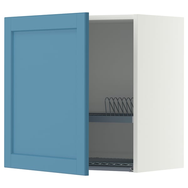 METOD wall cabinet with dish drainer, white/Lerhyttan blue, 60x60 cm