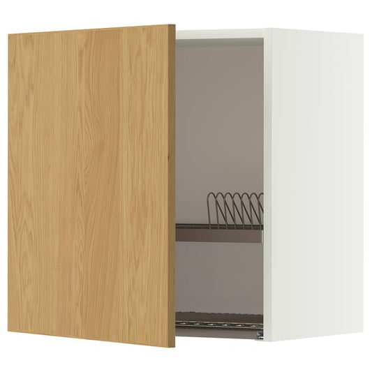 METOD wall cabinet with dish drainer, white/Sinarp oak veneer, 60.0x60.0x38.6 cm