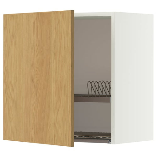 METOD wall cabinet with dish drainer, white/Sinarp oak veneer, 60x60 cm
