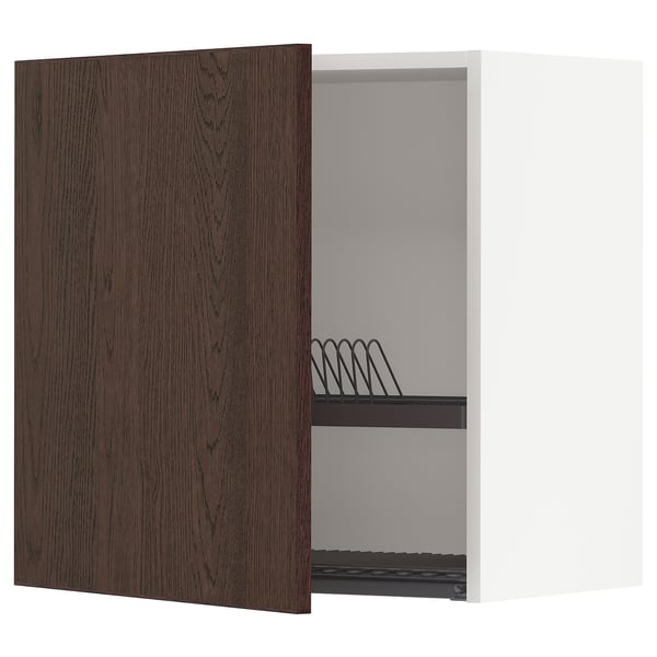 METOD wall cabinet with dish drainer, white/Sinarp brown, 60x60 cm