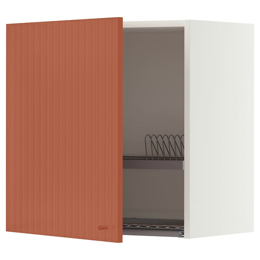 METOD wall cabinet with dish drainer, white/Terrsjö red-brown wave pattern, 60x60 cm