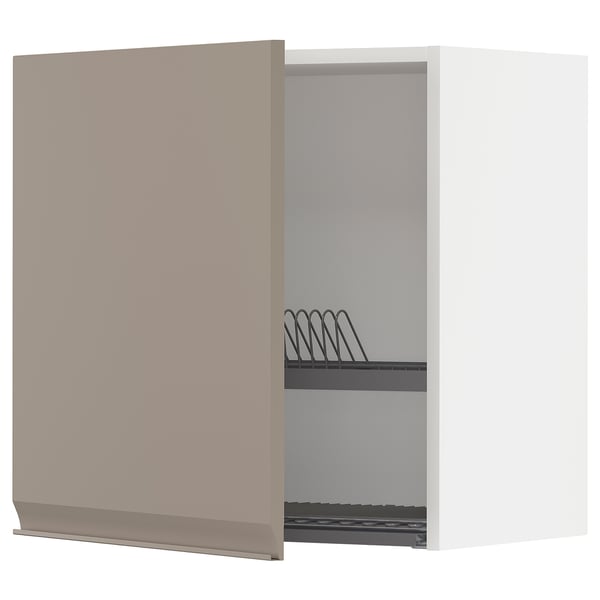METOD wall cabinet with dish drainer, white/Upplöv matt dark beige, 60x60 cm
