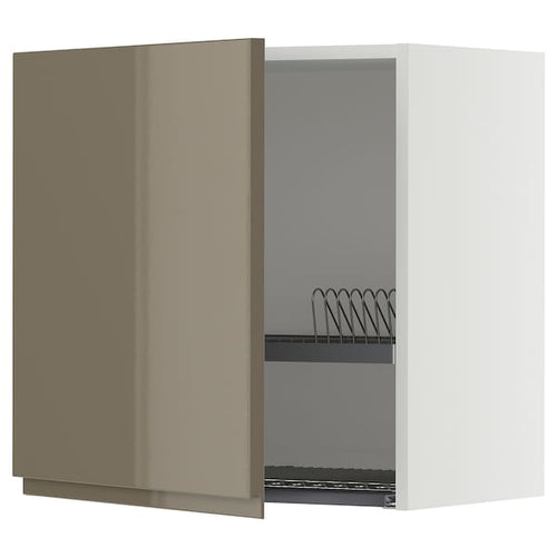 METOD wall cabinet with dish drainer, white/Voxtorp high-gloss dark grey-brown, 60x60 cm