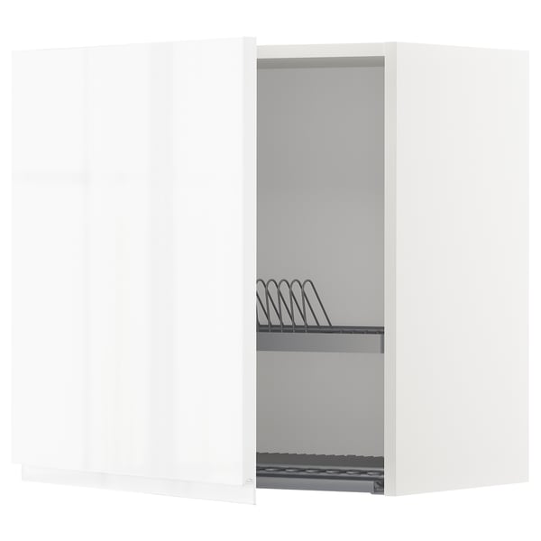 METOD wall cabinet with dish drainer, white/Voxtorp high-gloss/white, 60x60 cm