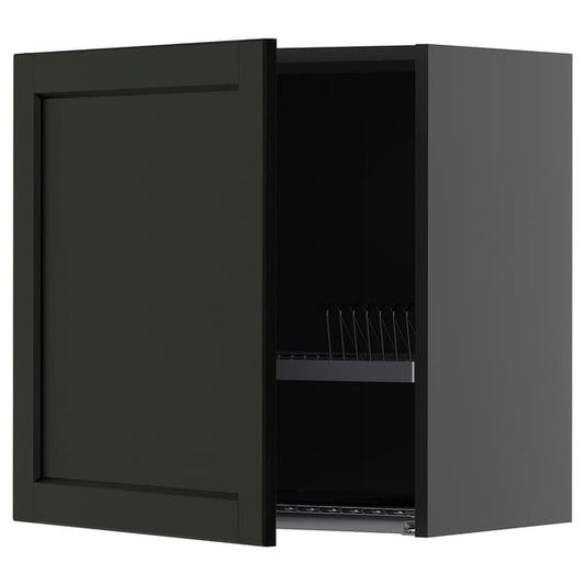 METOD Wall unit with dish rack, black-grey/Lerhyttan stained black, 60x60 cm