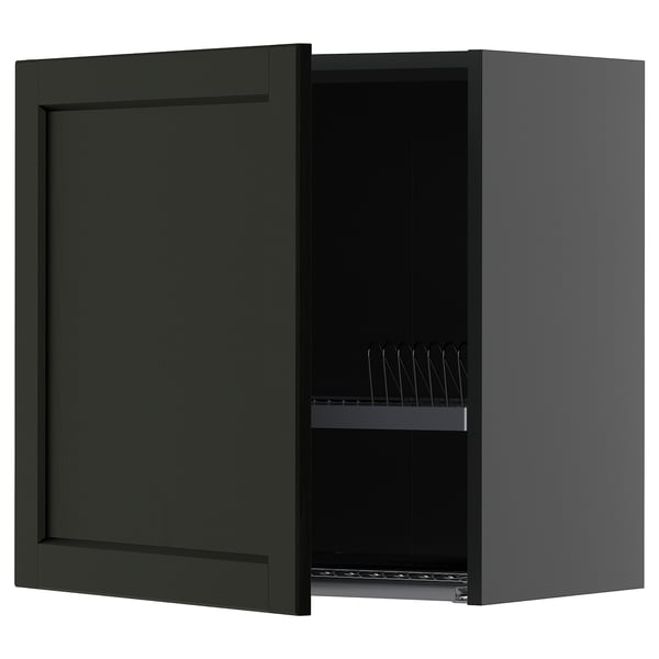 METOD Wall unit with dish rack, black-grey/Lerhyttan stained black, 60x60 cm