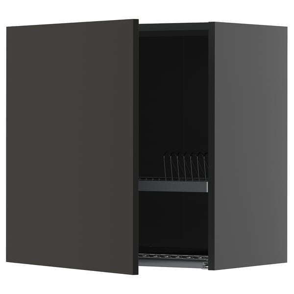 METOD wall cabinet with dish drainer, black-grey/Nickebo matt anthracite, 60x60 cm