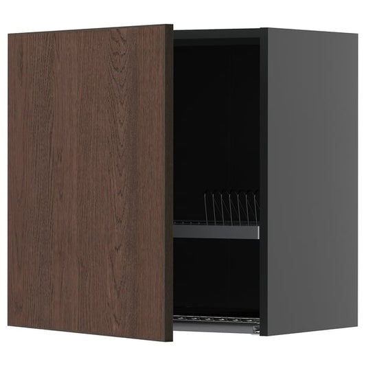 METOD Wall unit with dish rack, black-grey/Sinarp brown, 60x60 cm