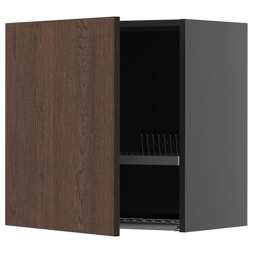 METOD Wall unit with dish rack, black-grey/Sinarp brown, 60x60 cm