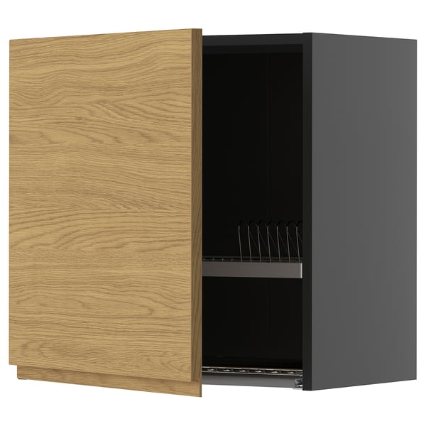 METOD wall cabinet with dish drainer, black-grey/Voxtorp oak effect, 60x60 cm