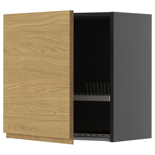 METOD Wall unit with dish rack, black-grey/Voxtorp oak effect, 60x60 cm