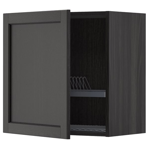 METOD wall cabinet with dish drainer, black/Lerhyttan black stained, 60x60 cm