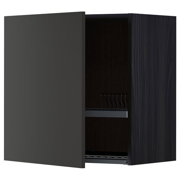 METOD wall cabinet with dish drainer, black/Nickebo matt anthracite, 60.0x60.0x38.6 cm