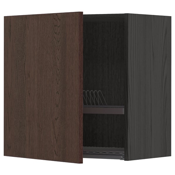 METOD wall cabinet with dish drainer, black/Sinarp brown, 60x60 cm